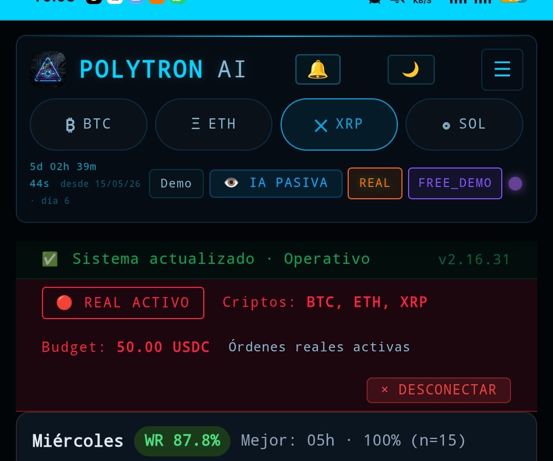 Dashboard POLYTRON AI — Sesión REAL activa XRP